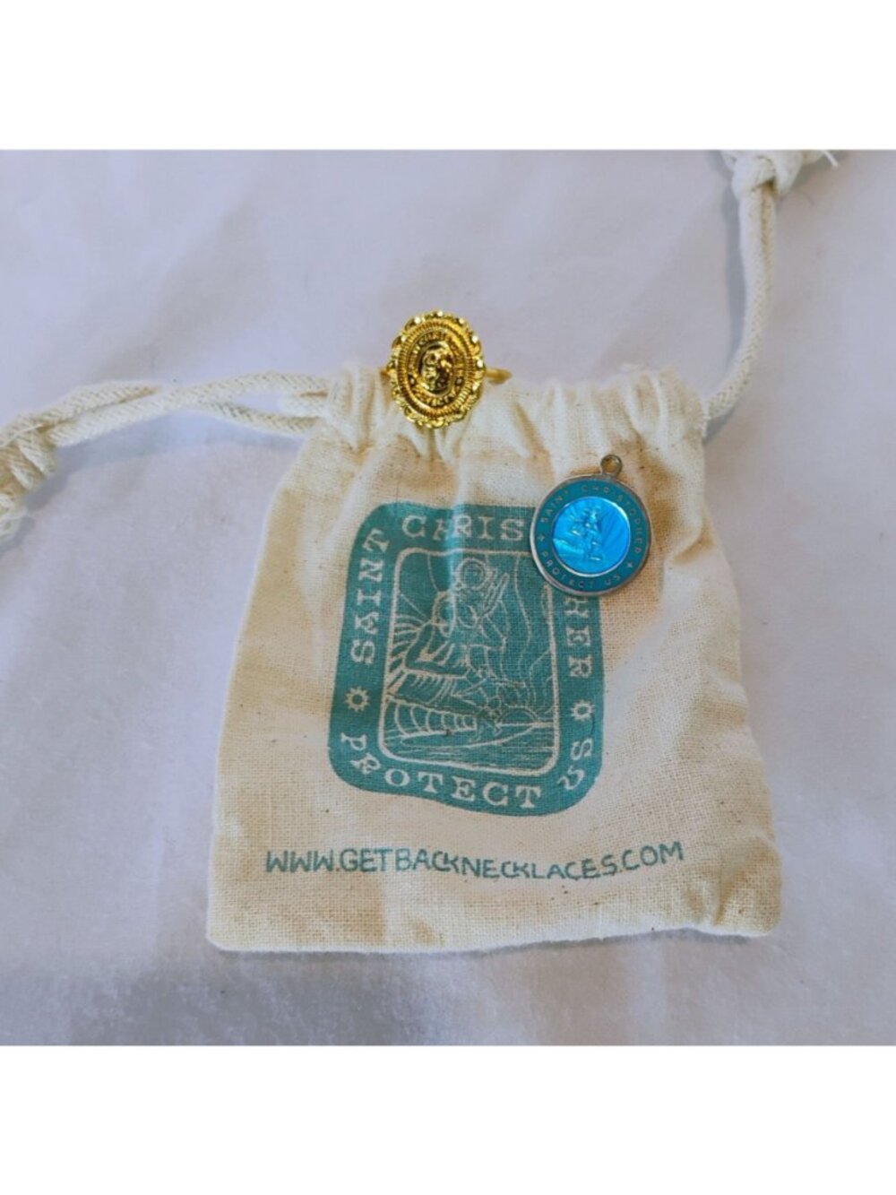 Get Back St Christopher Protect Us Blue Enamel Surfer Charm Pendant & Ring Sz 8 - Picture 2 of 5